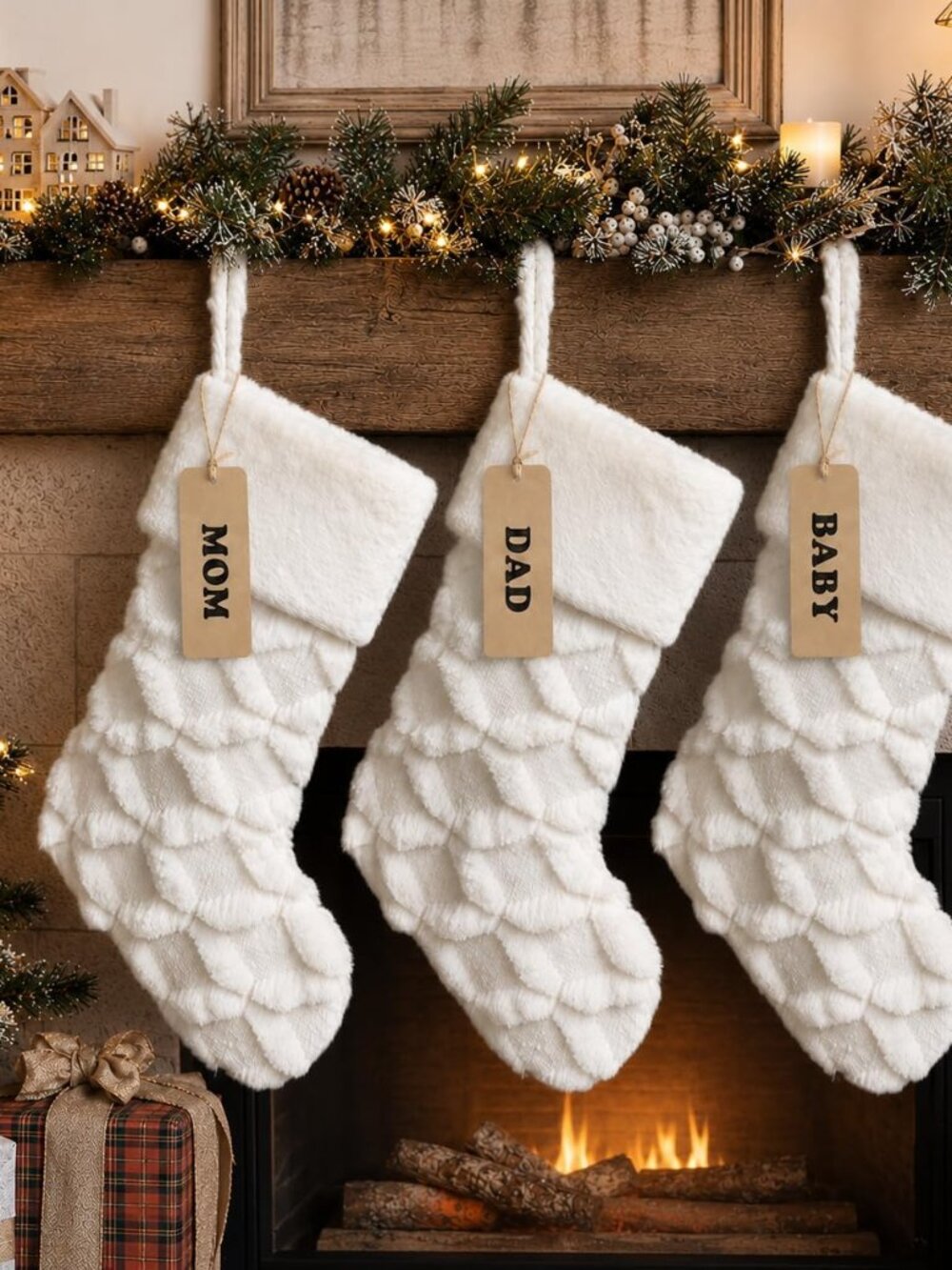 3 Pack 18 Inch Faux Fur Christmas Stockings Cable Knit Knitted Thick Snowy White
